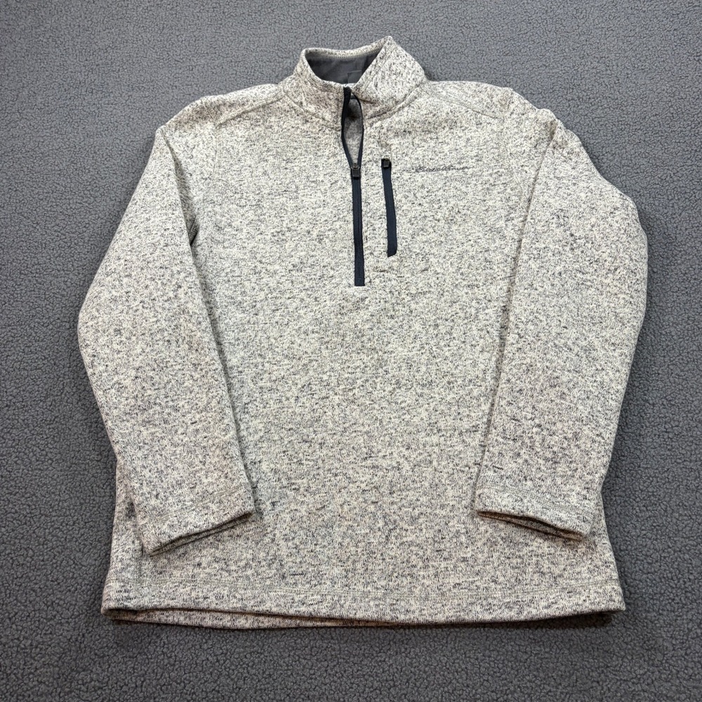 Eddie Bauer Sweater Mens S Gray 1/4 Zip Pullover Fleece Lined Marled Knit Jacket